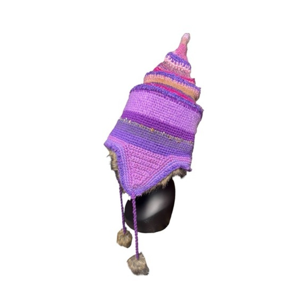 Funky Crochet Chunky Knit Pointed TRAPPER Hat Faux FUR lined Adult - Picture 1 of 11
